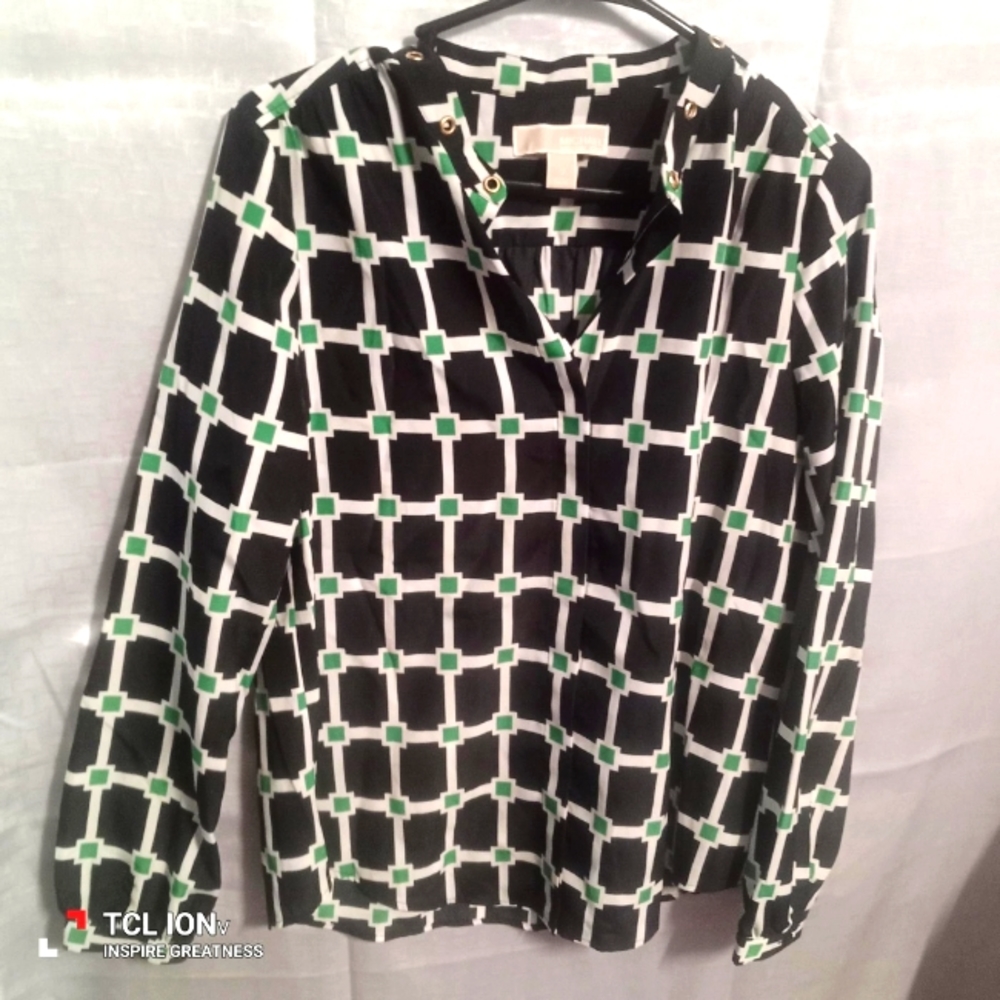 Michael Michael kors women's retro square pattern long sleeve sheer blouse Med